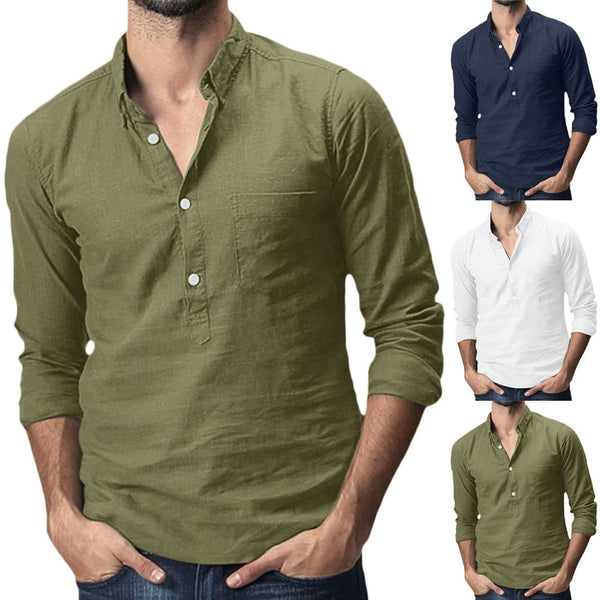 Summer Men's Baggy Cotton Linen Solid Multi-Pocket Short Sleeve