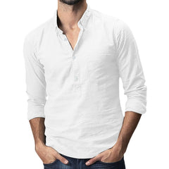 Summer Men's Baggy Cotton Linen Solid Multi-Pocket Short Sleeve