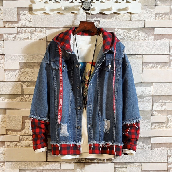 Blue Denim Jacket Men  Autumn Slim Fit Hooded Ripped Jean Jacket Coat