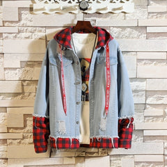 Blue Denim Jacket Men  Autumn Slim Fit Hooded Ripped Jean Jacket Coat