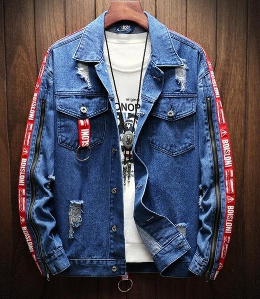 Blue Denim Jacket Men  Autumn Slim Fit Hooded Ripped Jean Jacket Coat