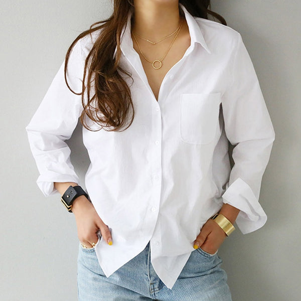Spring One Pocket Women White Shirt Female Blouse Tops Long Sleeve