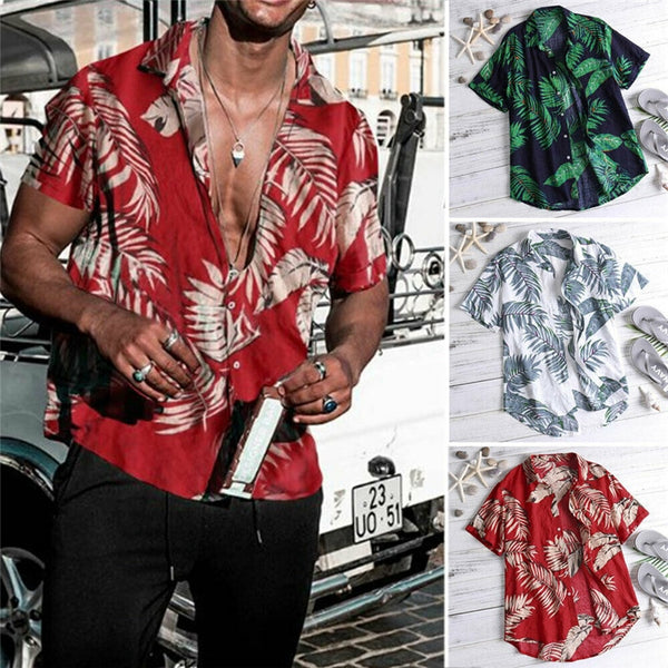 New Men Vintage Hawaiian Shirts 2019 Summer Leaf Print Beach Wear Shirts Men Casual Sexy Slim Fit Shirts Top Camisa Masculina