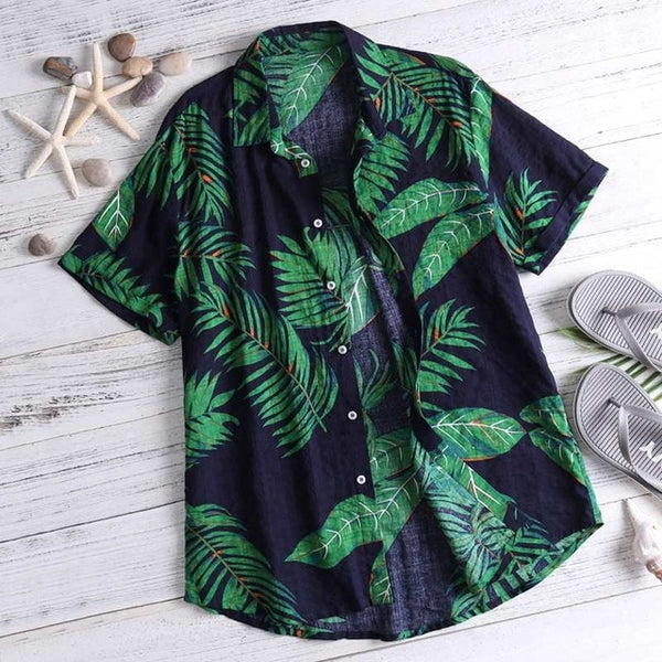 New Men Vintage Hawaiian Shirts 2019 Summer Leaf Print Beach Wear Shirts Men Casual Sexy Slim Fit Shirts Top Camisa Masculina