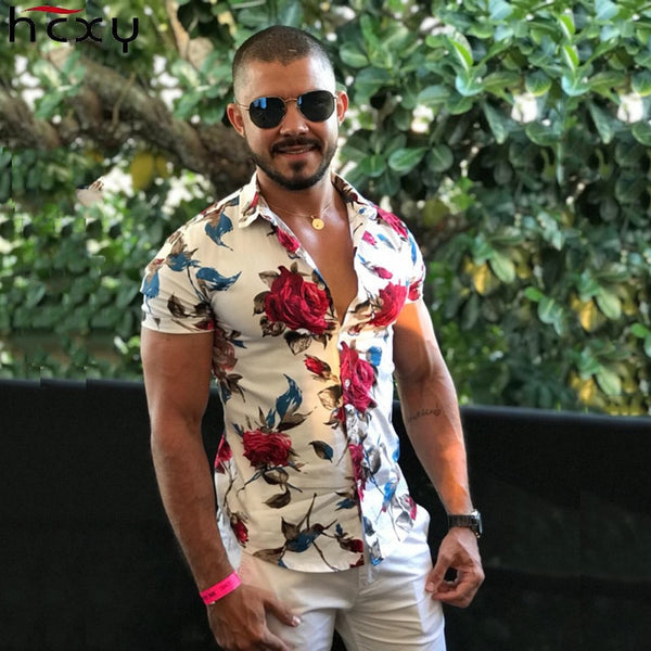 Summer Fashion Mens Shirt Slim Fit Short Sleeve Floral Shirt
