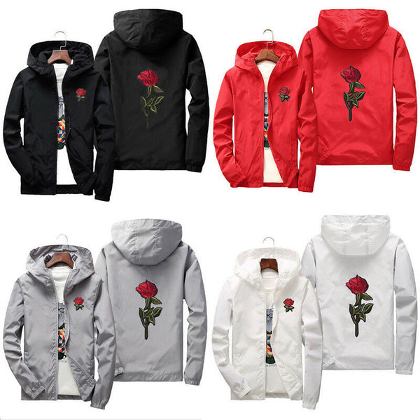 Unisex Men Women Rose Embroidered Coat Jacket Casual Windbreaker