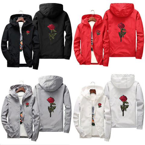 Unisex Men Women Rose Embroidered Coat Jacket Casual Windbreaker