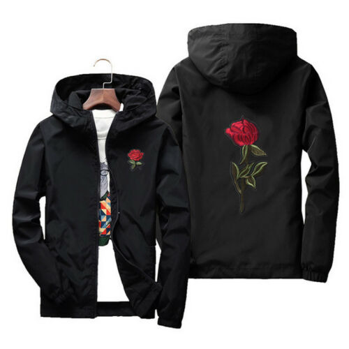 Unisex Men Women Rose Embroidered Coat Jacket Casual Windbreaker