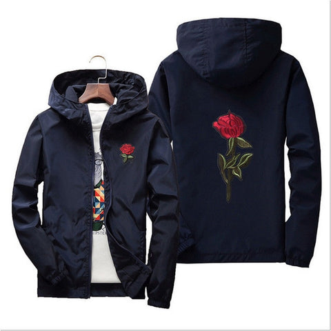 Unisex Men Women Rose Embroidered Coat Jacket Casual Windbreaker