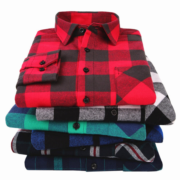100% Cotton Flannel Men's Plaid Shirt Slim Fit Spring Autumn Male