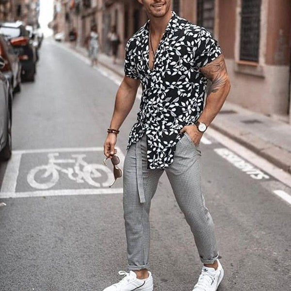 Men Hawaiian Shirt Beach Flower Party Summer Holiday Fancy Tops Short Sleeve Tee