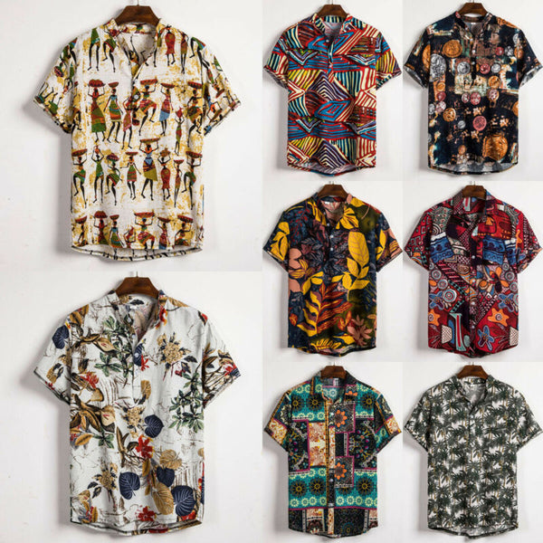Men Linen Short Sleeve Shirt Summer Floral Loose Baggy Casual Hawaii Holiday