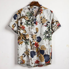 Men Linen Short Sleeve Shirt Summer Floral Loose Baggy Casual Hawaii Holiday