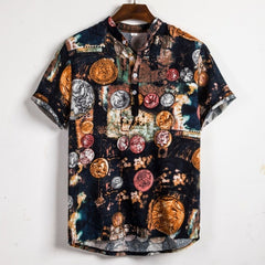 Men Linen Short Sleeve Shirt Summer Floral Loose Baggy Casual Hawaii Holiday