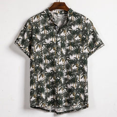 Men Linen Short Sleeve Shirt Summer Floral Loose Baggy Casual Hawaii Holiday