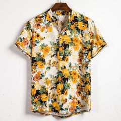 Men Linen Short Sleeve Shirt Summer Floral Loose Baggy Casual Hawaii Holiday