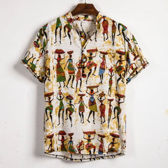 Men Linen Short Sleeve Shirt Summer Floral Loose Baggy Casual Hawaii Holiday