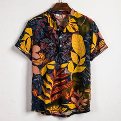 Men Linen Short Sleeve Shirt Summer Floral Loose Baggy Casual Hawaii Holiday