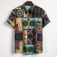 Men Linen Short Sleeve Shirt Summer Floral Loose Baggy Casual Hawaii Holiday