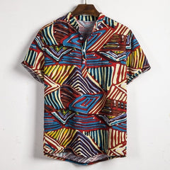 Men Linen Short Sleeve Shirt Summer Floral Loose Baggy Casual Hawaii Holiday
