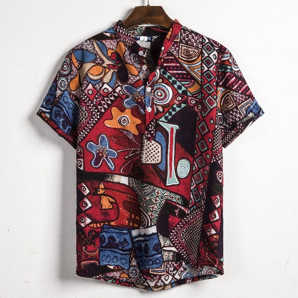 Men Linen Short Sleeve Shirt Summer Floral Loose Baggy Casual Hawaii Holiday