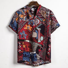 Men Linen Short Sleeve Shirt Summer Floral Loose Baggy Casual Hawaii Holiday