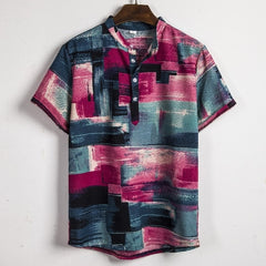 Men Linen Short Sleeve Shirt Summer Floral Loose Baggy Casual Hawaii Holiday