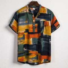 Men Linen Short Sleeve Shirt Summer Floral Loose Baggy Casual Hawaii Holiday