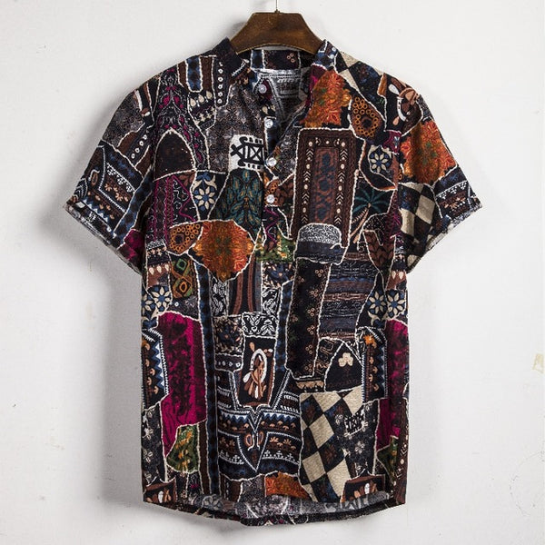 Men Linen Short Sleeve Shirt Summer Floral Loose Baggy Casual Hawaii Holiday