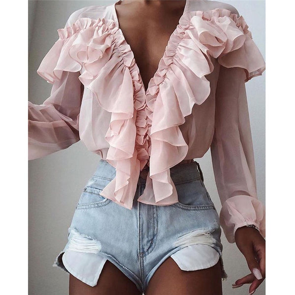 Pink Stylish Tops Autumn Ruffles Blouse Women Sexy neck Long Sleeve Shirts