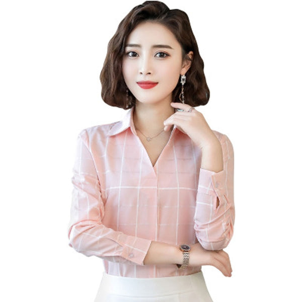 Long-sleeved plaid shirt female spring new Korean loose elegant v-neck shirt fashion
