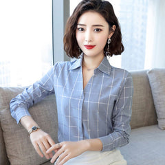 Long-sleeved plaid shirt female spring new Korean loose elegant v-neck shirt fashion