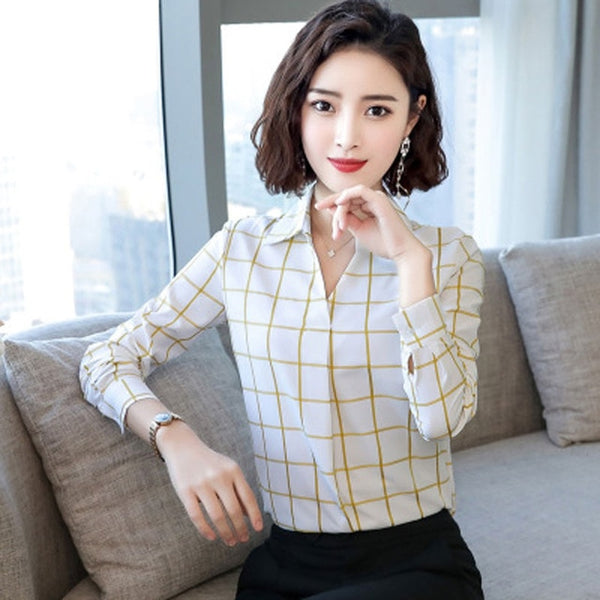 Long-sleeved plaid shirt female spring new Korean loose elegant v-neck shirt fashion