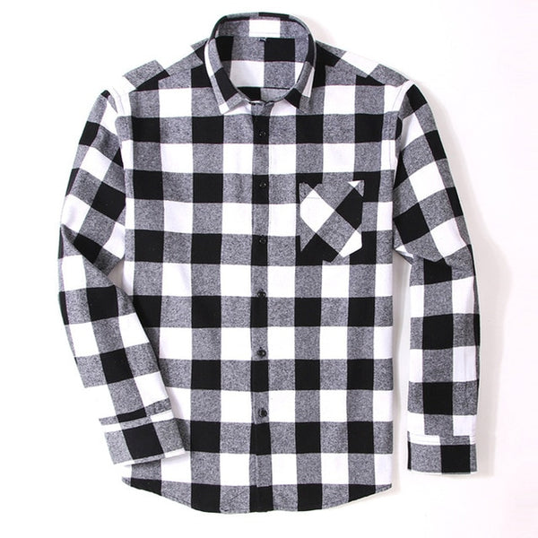 100% Cotton Flannel Men's Plaid Shirt Slim Fit Spring Autumn Male